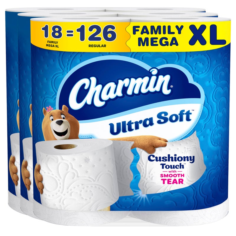 Charmin Toilet Paper Ultra Soft Cushiony Touch 18 Family Mega XL Rolls 126 Regular Rolls